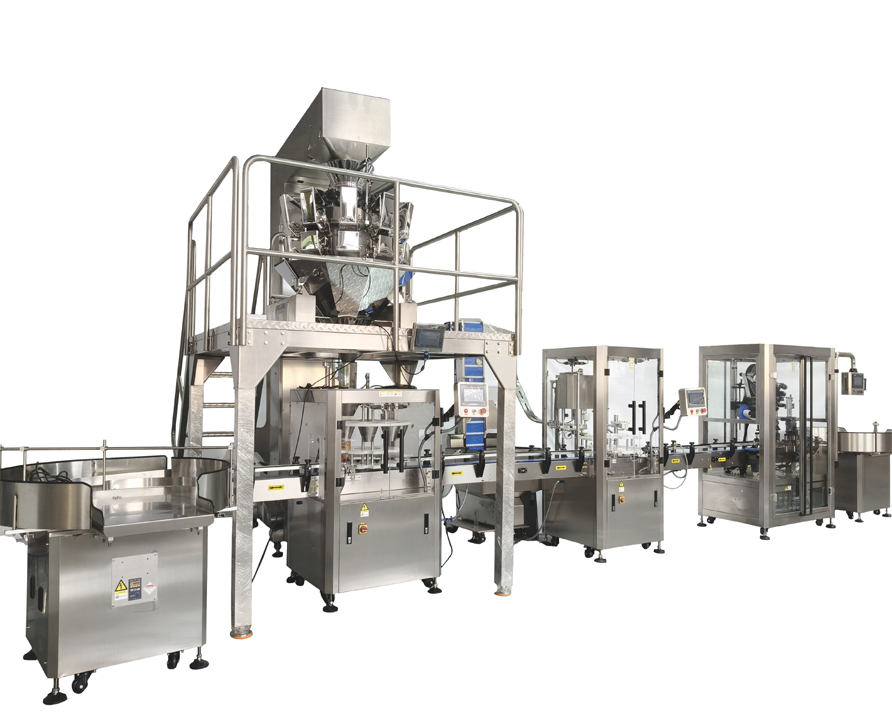 Línea de producción totalmente automática de alta calidad CE para llenar, tapar, etiquetar y doblar gránulos de chocolate, caramelos, nueces y pistachos en latas de plástico con múltiples escalas.
