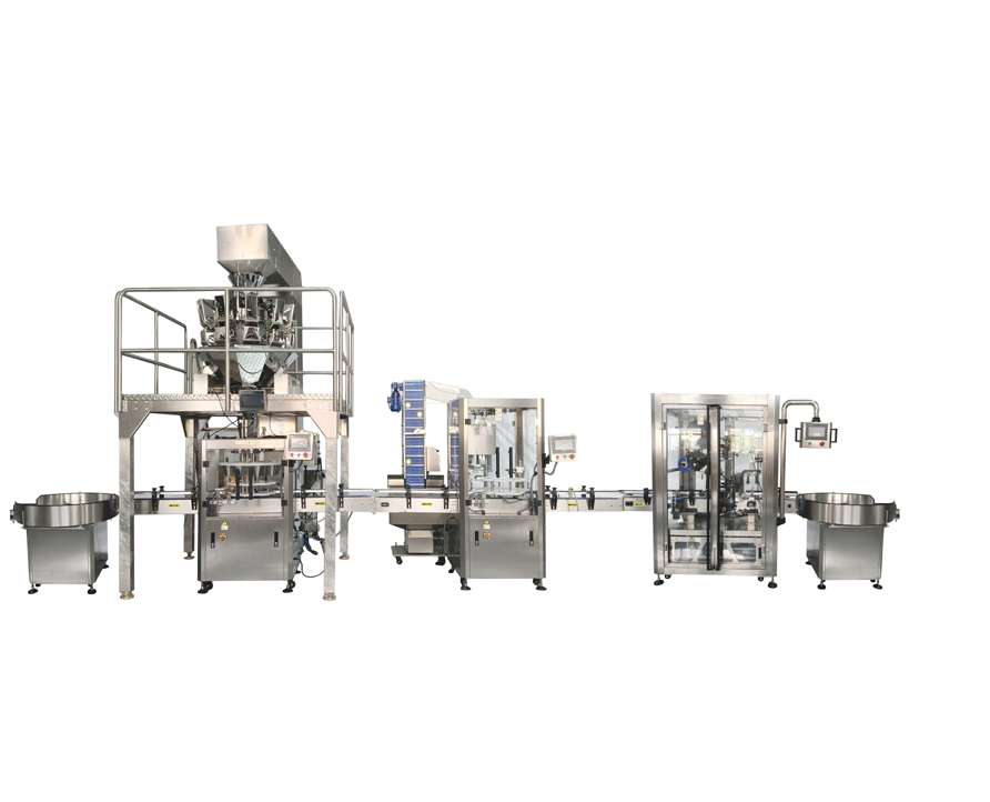 Línea de producción totalmente automática de alta calidad CE para llenar, tapar, etiquetar y doblar gránulos de chocolate, caramelos, nueces y pistachos en latas de plástico con múltiples escalas.