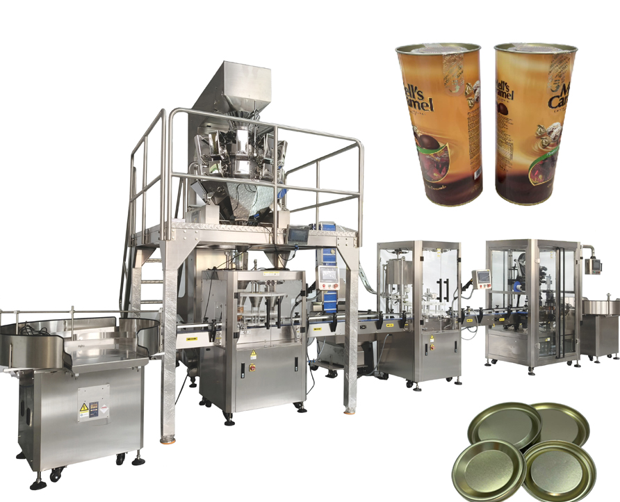 Línea de producción totalmente automática de alta calidad CE para llenar, tapar, etiquetar y doblar gránulos de chocolate, caramelos, nueces y pistachos en latas de plástico con múltiples escalas.