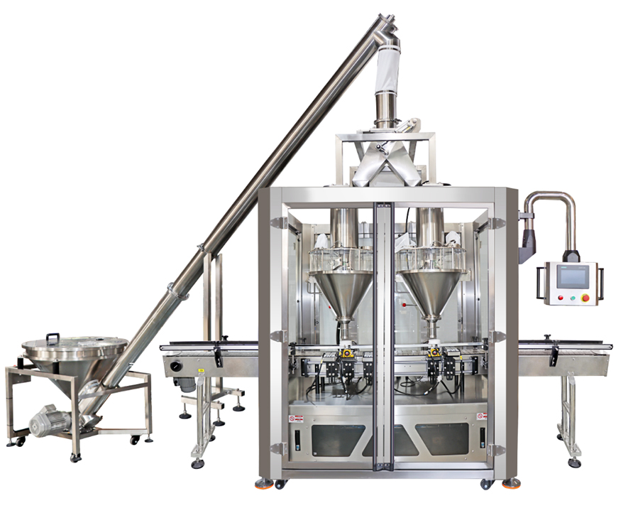Máquina llenadora y pesadora de polvo de doble cabezal, para leche/proteína en polvo, totalmente automática, con función de rechazo de pesadora.