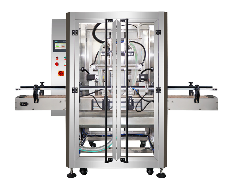 Máquina llenadora automática de bombas de engranajes de doble cabezal para materiales granulares.