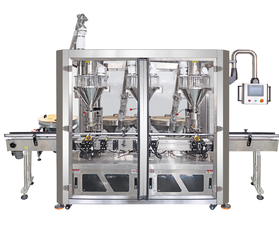 Máquina llenadora de polvo totalmente automática de tres cabezales, máquina llenadora de polvo automática de tres estaciones