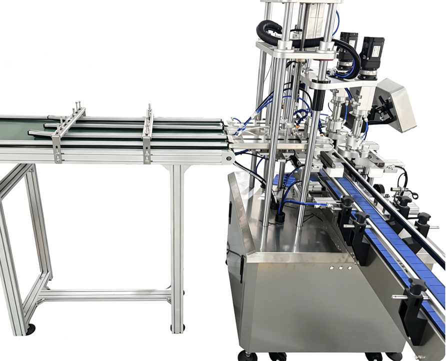 Máquina taponadora con cinta transportadora de tapas, máquina taponadora de doble cabezal para tarros de plástico con cinta transportadora de tapas