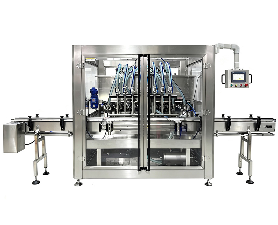 Máquina llenadora de pistón horizontal con 8 cabezales para aceite y salsa | Equipo llenador de líquidos de alta precisión